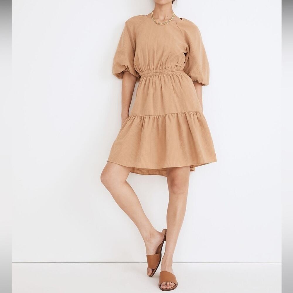 Madewell Seersucker Puff-Sleeve Cutout Mini Dress in Seed Khaki Style NF870 NEW - Picture 5 of 9